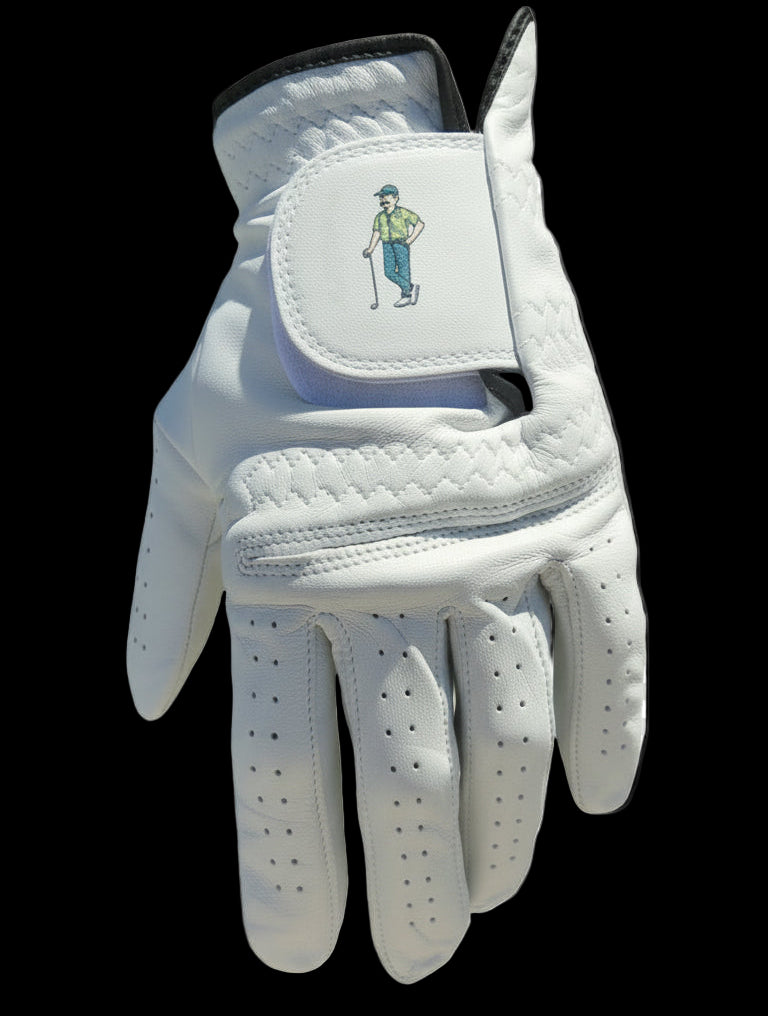 White golf glove with a logo on a hand 